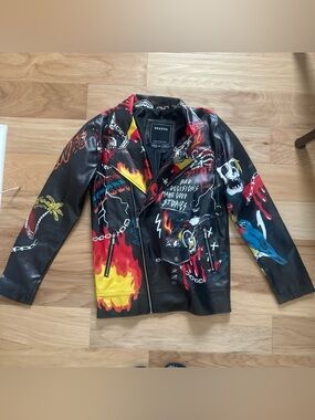 Reason Black Graphic Motorcycle Zipup Jacket with Flame, Skull Blue Bird Accents